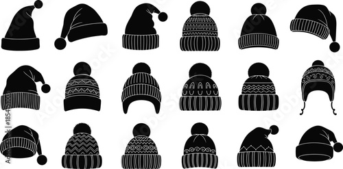 Winter hat silhouette set illustration, knitted beanie cap collection, warm seasonal headwear icons, fashion accessory designs isolated on white backgroundWinter 