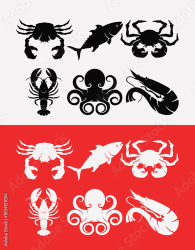 Seafood icons featuring various marine animals in black and white