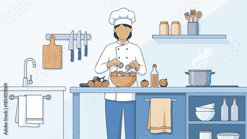 Chef preparing a fresh salad with vegetables in a modern kitchen