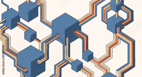 Abstract network of interconnected blue cubes and flowing orange and beige lines representing data flow and connectivity.