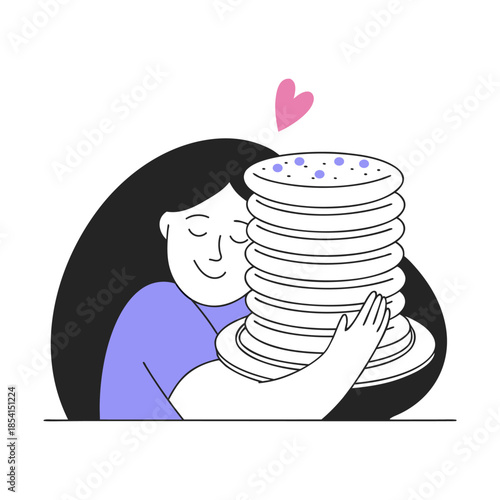 Happy woman hugging a giant stack of steaming pancakes. Minimalist doodle illustration.