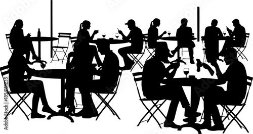 People Using Smartphones in Cafe Silhouette Vector Illustration