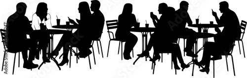 People Using Smartphones in Cafe Silhouette Vector Illustration