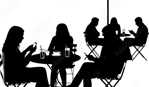 People Using Smartphones in Cafe Silhouette Vector Illustration