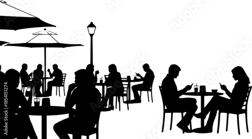 People Using Smartphones in Cafe Silhouette Vector Illustration