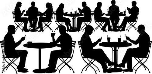 People Using Smartphones in Cafe Silhouette Vector Illustration