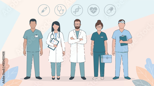 Diverse medical team illustration with healthcare professionals and icons