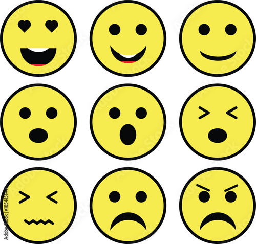 Nine yellow smiley faces showing various emotions and expressions, including happiness, love, surprise, sadness, and anger.