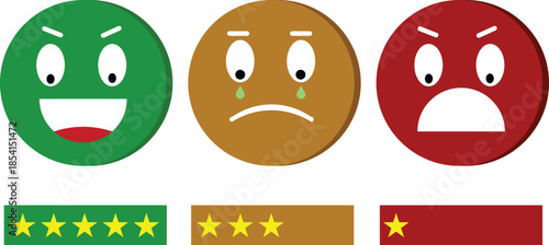 Three emoticons representing different emotional states and corresponding star ratings for feedback or review systems.
