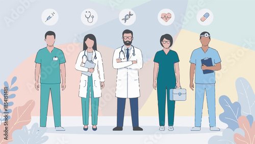 Team of healthcare workers including doctors and nurses, medical illustration