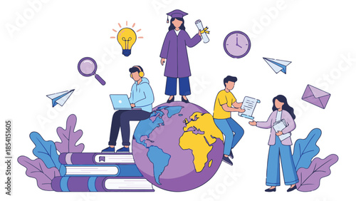 Modern global online education concept with diverse students and learning elements