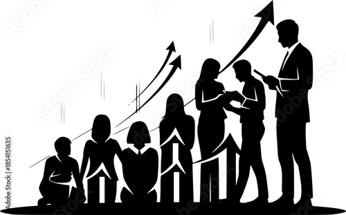  businessman and woman with file silhouette black and growth , target , meeting, teamwork 