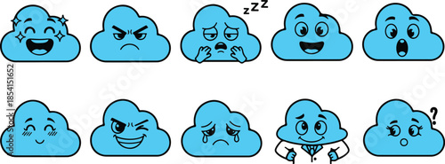 A set of nine cloud emoticon faces with various expressions