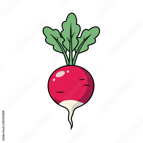A cartoon-style image of a bright red radish with green leaves, showing its full round shape and white base.