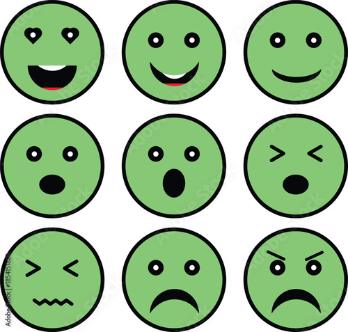 A grid of nine green circular emoticons displaying various human facial expressions and emotions, from happy and surprised to sad and angry.