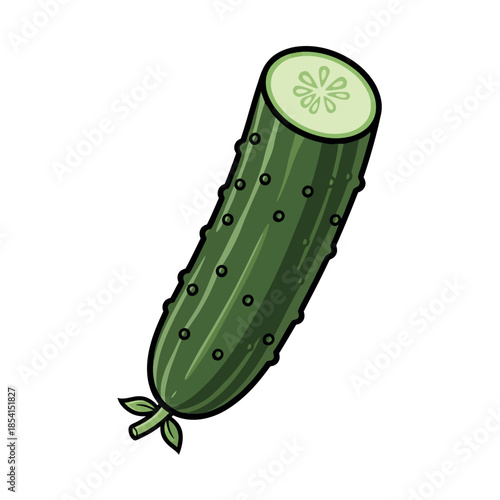Cartoon-style illustration of a cucumber with a detailed green skin texture, highlighting its fresh, elongated shape and a cut portion revealing its inner structure.