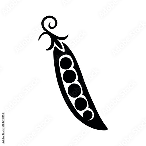 Black and white outline drawing of a pea pod, containing several peas, with a detailed yet simple style.