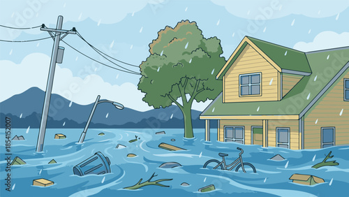 Residential street flooded by heavy rain, showing submerged property and debris