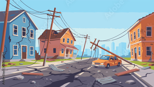 Urban street devastated by earthquake or natural disaster illustration