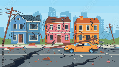 Earthquake damage: Destroyed houses, cracked road, and fallen power lines