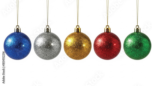 A row of five sparkling Christmas tree ornaments in different colors: green, silver, gold, red, and blue, suspended by thin gold strings against a pure white background.