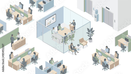 Modern isometric office environment with employees working, meeting, and collaborating