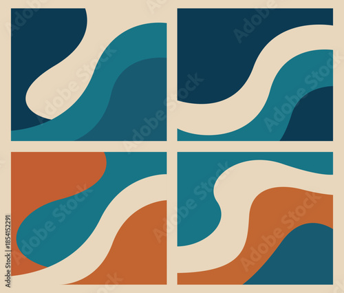 Set of vertical abstract backgrounds, wave shapes in vintage retro palette covering backdrop.