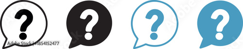 Four question mark speech bubbles in varying styles and colors