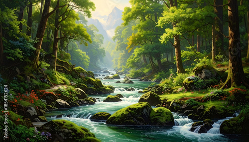 Lush Forest River Flowing Through a Verdant Landscape.