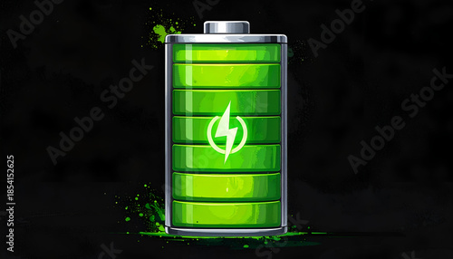 Fully Charged Battery - Power and Energy Symbol on Black Background.