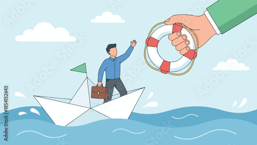 Businessman in paper boat receiving lifebuoy from helping hand, business support concept