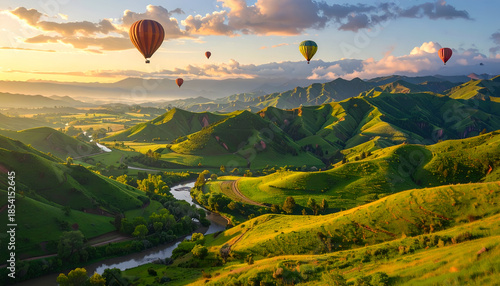 Scenic Hot Air Balloons Soaring Over Lush Green Landscape.