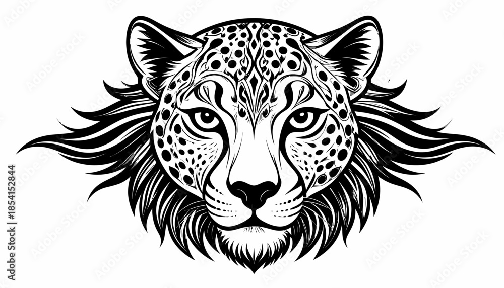 Fototapeta premium Vector illustration of a leopard head with decorative elements in black and white.