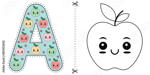 Cute Alphabet Letter A with Apple Cartoon Illustration.