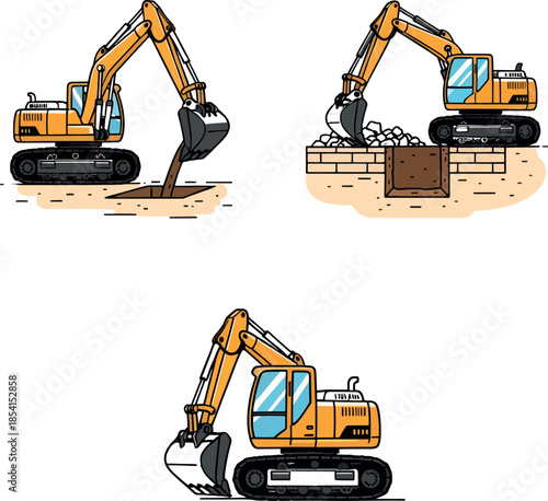 Excavator Vector Illustration Set Heavy Machinery Digging Trenches