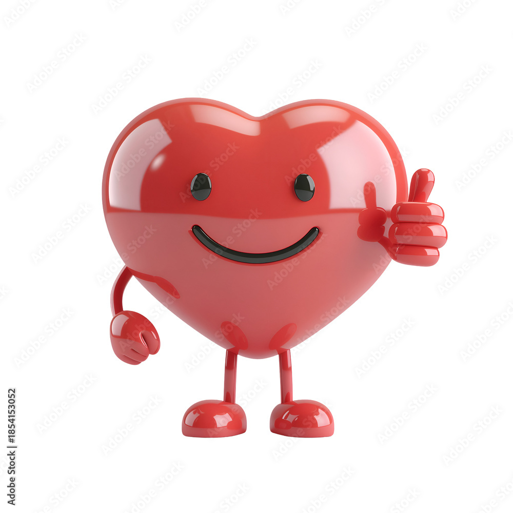 Fototapeta premium Cheerful Heart: This adorable animated heart character offers a friendly thumbs-up, embodying warmth, love, and positivity, perfect for conveying messages of affection and well-being.