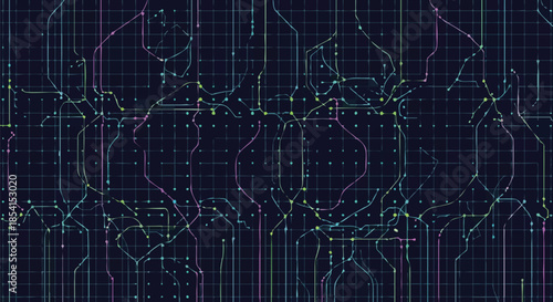 This abstract image depicts intricate digital pathways and data streams across a dark grid, symbolizing advanced technology, network connections, and complex computational processes.