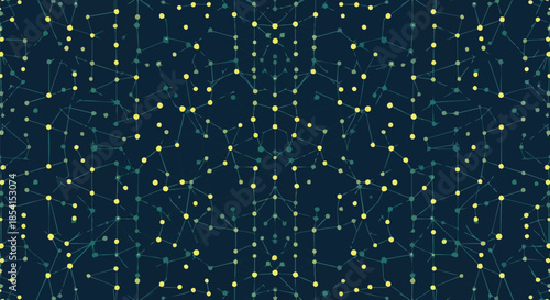 An intricate digital network of glowing yellow nodes connected by teal lines creates a complex, symmetrical abstract background, symbolizing data flow and technology.