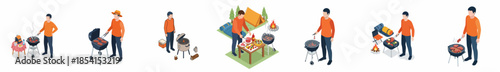 Isometric Illustration of BBQ Grilling Activity with People and Camping Scene
