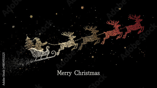 Santa Claus riding a glittering sleigh pulled by flying reindeer, bringing Christmas wishes and festive magic
