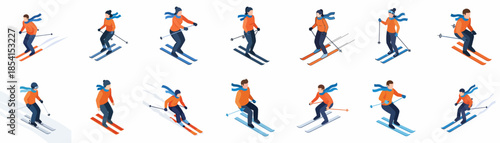 Isometric Style Set of Skiing Person with Various Poses Illustration