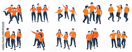 Modern Flat Style Diverse People Group Poses and Activities Illustration