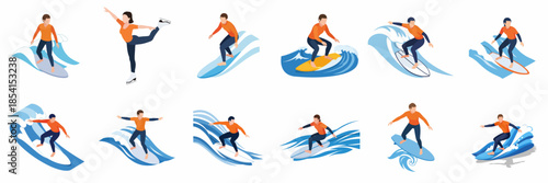 Isometric Collection of Surfing People with Different Poses on Wave