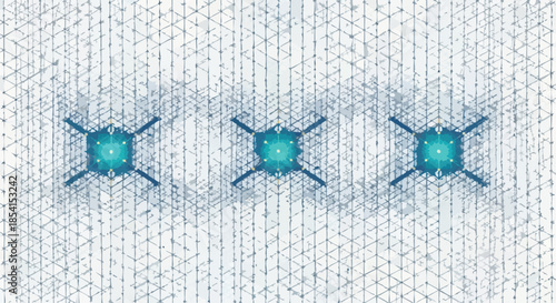 This image depicts a futuristic digital network with three glowing central nodes, symbolizing advanced technology and interconnected data systems.