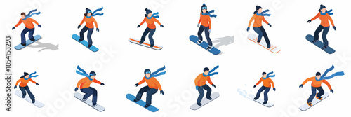 Isometric Detailed Man Snowboarding in Winter Outfit in Different Poses Set