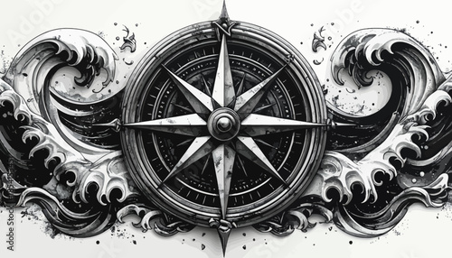 Compass rose illustration with waves in monochrome, navigation concept.