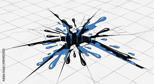 A dynamic graphic illustration depicting a powerful impact on a grid surface, with vibrant blue and black liquid splashing outwards from a central rupture.