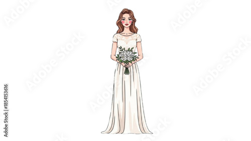 Illustration of a bride holding a bouquet of flowers in her hands, standing alone in a white wedding dress