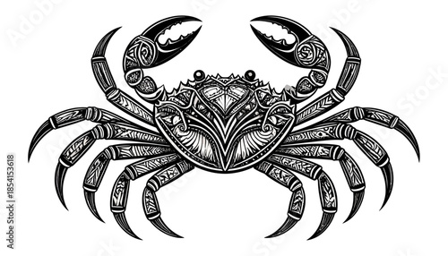 Detailed black and white drawing of a crab with intricate patterns.