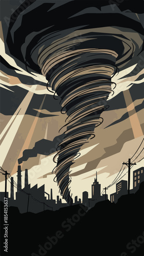 Powerful tornado wind storm approaching an industrial city area
